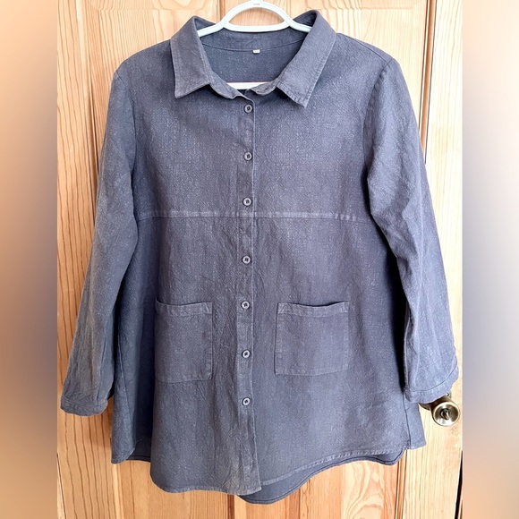 Pure Linen Women's Gray Button-Up Blouse or Jacket Pockets SZ Medium Flared Gift - Picture 1 of 17